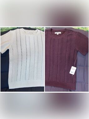 Two Lucky Brand Short-Sleeve Cable Knit Sweaters - Brown and cream